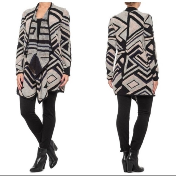 Lucky Brand Black & Gray Geometric Intarsia Knit Open Front Cardigan Sz S - Picture 3 of 8